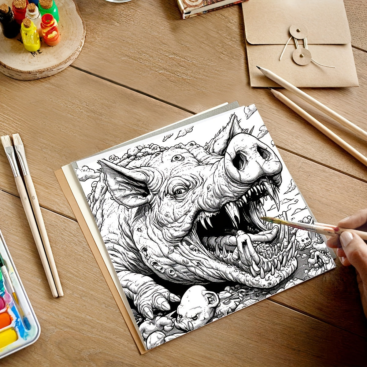 4pc, coloring pages (20 pages, thickened paper, single-sided printing, original)(abstract landscape, monsters, animal mandala, waste earth) Coloring book, perfect gift for family and friends, a good way to relax yourself, rel